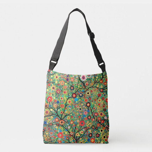 Ajustable Sac croisé mignon, arbre et fleurs, boho (Devant)