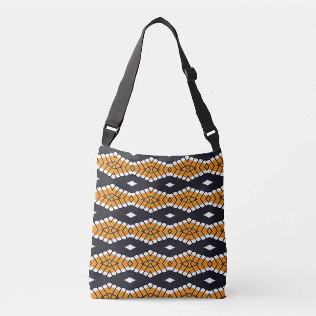 Ajustable Sac fourre-tout à grille de carreaux  (Bold shoulder bag with tribal-inspired orange, black, and white geometric pattern—style that speaks.)