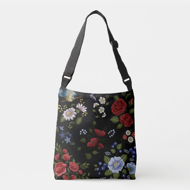 Ajustable Sac fourre-tout Faux Brodé Rouge & Bleu Fleurs (Devant)