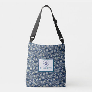 Ajustable Sac fourre-tout Floral Bleu Et Blanc Monogramme Ma