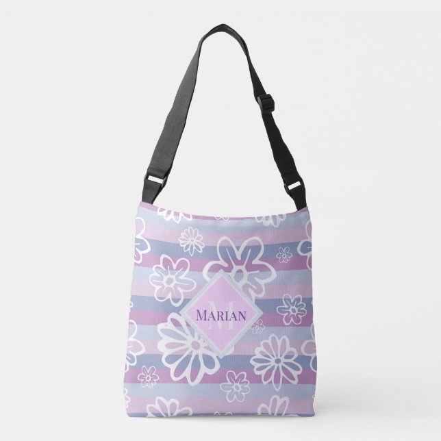 Ajustable Sac fourre-tout Floral Violet Et Blanc Monogramme (Devant)