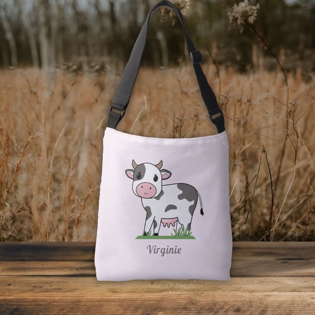 Ajustable Sac fourre-tout rose croisé avec une jolie vache (Crossbody pink Tote Bag with a Cute Cow)