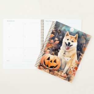 Akita Halloween avec citrouilles épouvantables