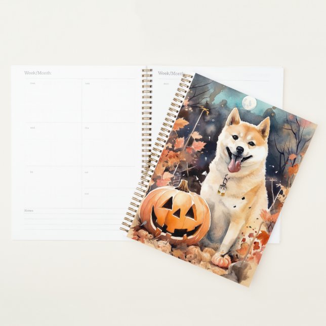 Akita Halloween avec citrouilles épouvantables (Devant avec enveloppe)