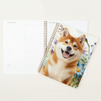 Akita Shiba Inu Dog with Blue Watercolor Flowers