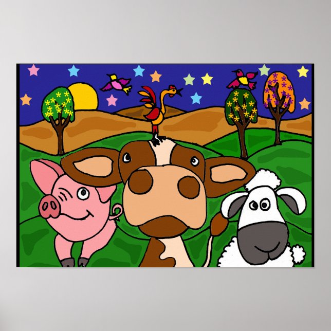 AL- Barnyard Animals Folk Art Poster (Devant)