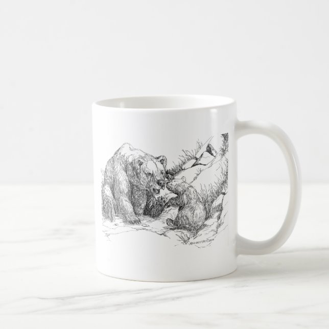 Alaska Grizzly & Sow Cub Jouer B&W Coffee Mug (Droite)