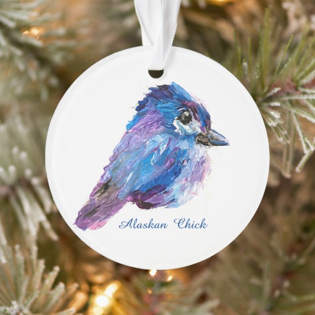 Alaskan Chick acrylic ornament w/QR_no Holid (Arbre)