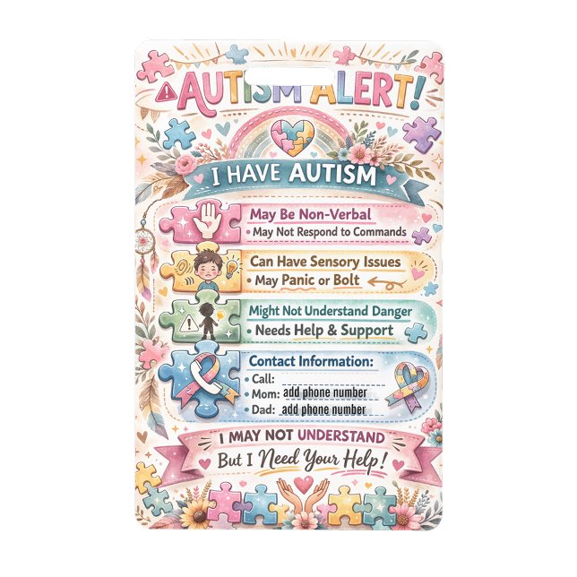 Alerte Autisme Badge de Contact Autiste Non Verbal (Autism Alert Nonverbal Autistic Contact Badge)