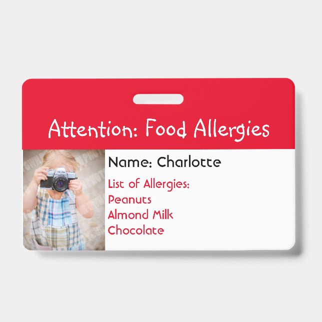 Alerte d'allergie alimentaire badge photo personna (Front)