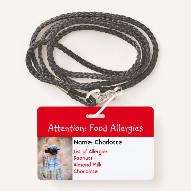 Alerte d'allergie alimentaire badge photo personna (Devant avec lanière)