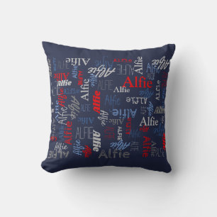 Alfie bleu rouge texte personnalisé nom coussin
