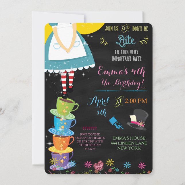 Alice au pays des merveilles Chalkboard Invitation (Devant)