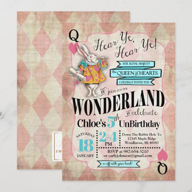 Alice au pays des merveilles Invitations d'anniver (Devant / Derrière)