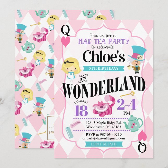 Alice au pays des merveilles Invitations d'anniver (Devant / Derrière)