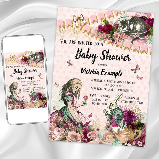 Alice au pays des merveilles Invitations de douche (Wonderland baby shower any occasion invitation. Instant download and printed invitations available.)