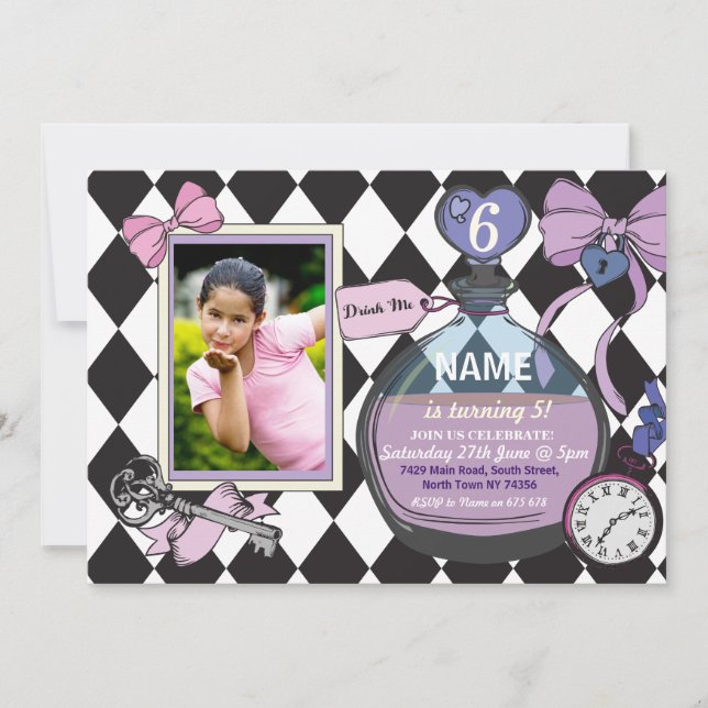 Alice Bow Wonderland Anniversaire Photo Invitation (Devant)