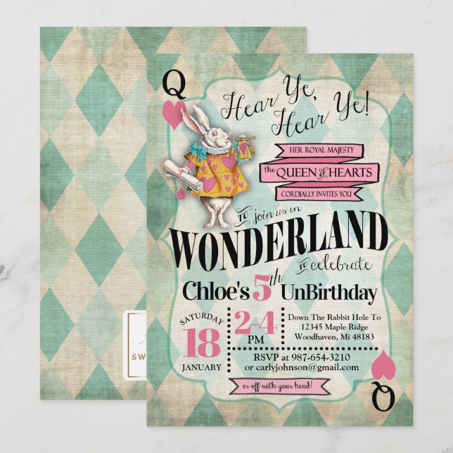 Alice dans des invitations d'anniversaire du pays (Devant / Derrière)