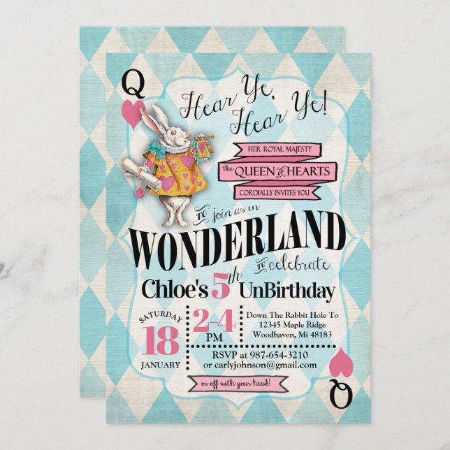 Alice dans des invitations d'anniversaire du pays (Devant / Derrière)