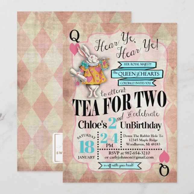 Alice dans les 2èmes invitations d'anniversaire du (Devant / Derrière)