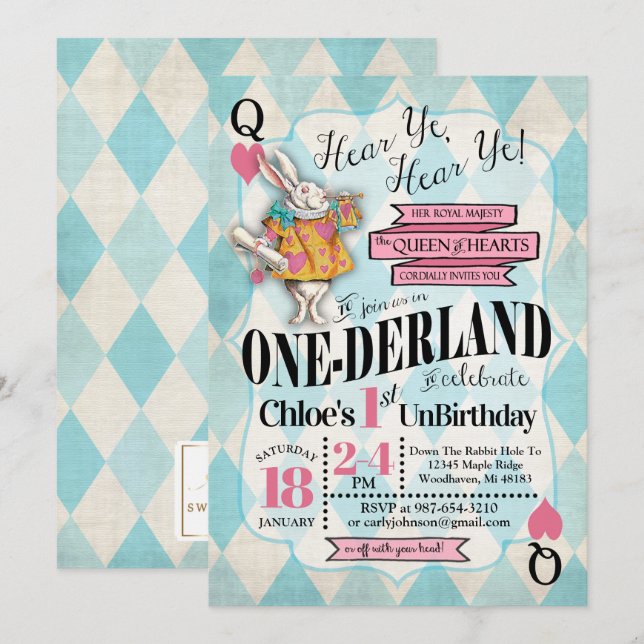 Alice dans les ?ères invitations d'anniversaire du (Devant / Derrière)