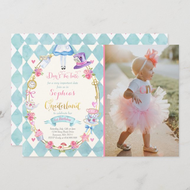 Alice dans ONEderland Anniversaire Invitation Tea  (Devant / Derrière)