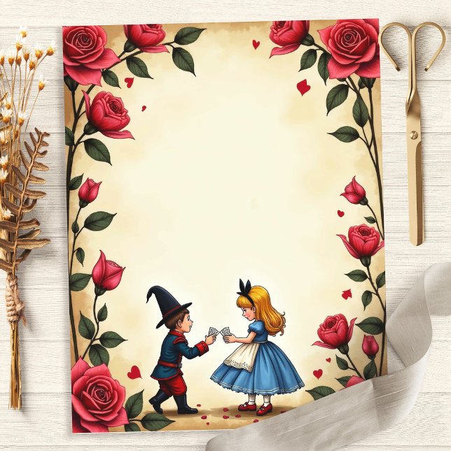 Alice et Cartes Roses Bordure Papier Scrapbook (Créateur téléchargé)