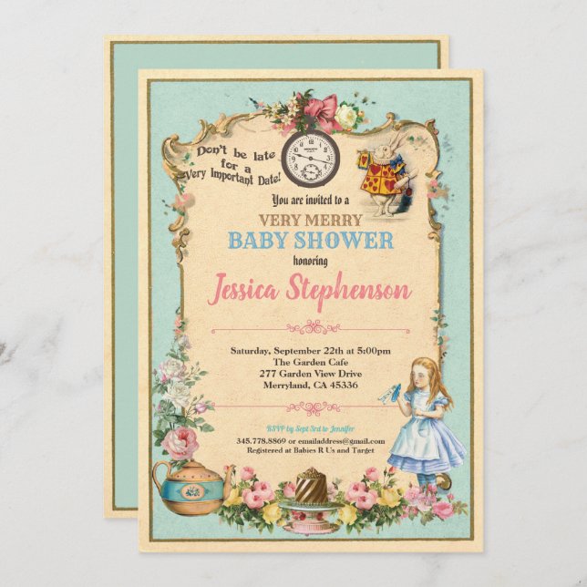 Alice in Wonderland baby shower invitation turquoi (Devant / Derrière)