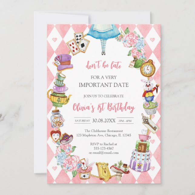Alice in Wonderland Tea Party Birthday Invitation (Devant)