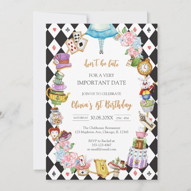 Alice in Wonderland Tea Party Birthday Invitation (Devant)