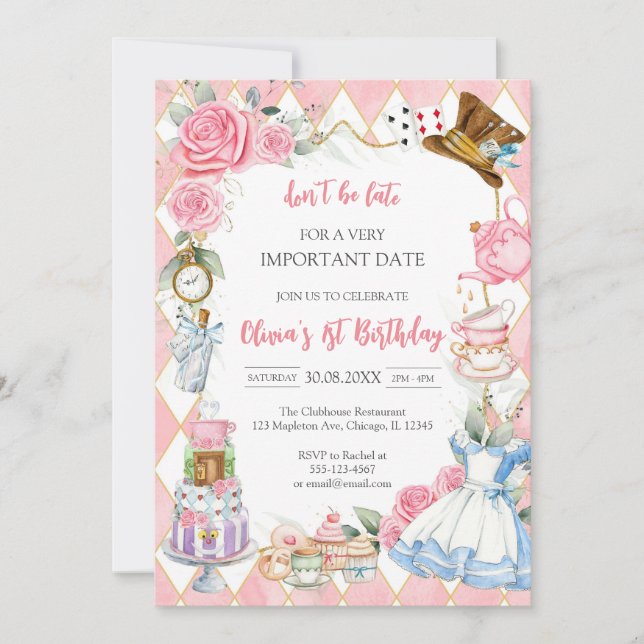 Alice in Wonderland Tea Party Birthday Invitation (Devant)