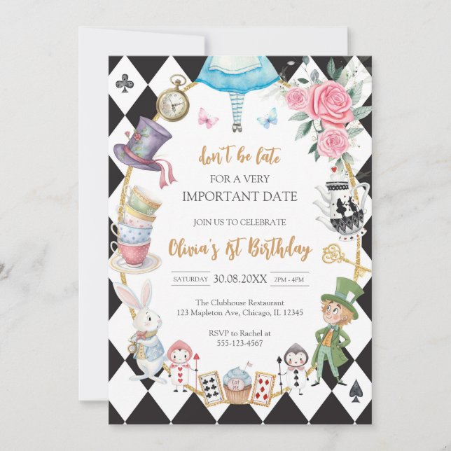Alice in Wonderland Tea Party Birthday Invitation (Devant)