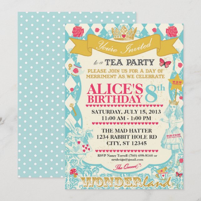 Alice In Wonderland Tea Party Invitation (Devant / Derrière)