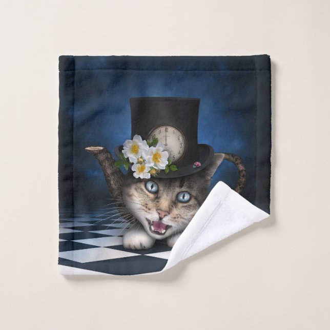 Alice merveilleuse au thé avec un chat dans une ta (Gant de toilette)