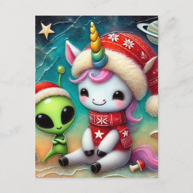 Alien de Noël festif et carte postale Unicorn (Devant)