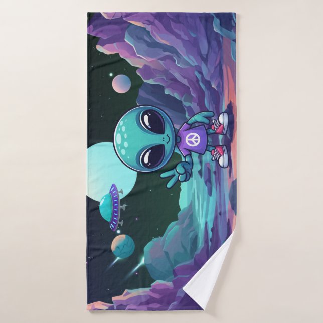 Alien de paix mignon et vaisseau spatial (Serviette de bain)