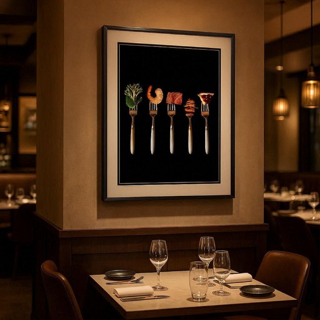 Aliments contemporains sur fourchette affiche d'ar (Modern foods on forks poster for kitchens, dining rooms, cafés, or upscale restaurant walls)