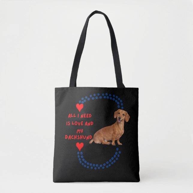 All I Need Is Love and My Dachshund Black Tote Bag (Devant)