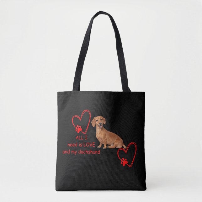 All I Need Is Love and My Dachshund Black Tote Bag (Devant)