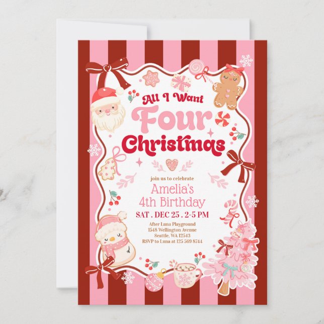 All I Want Christmas 4th Birthday Invitation (Devant)