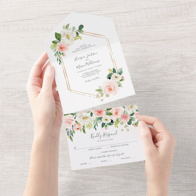 All in One Airy Blush Gold Wedding Invitation (Déchirure)