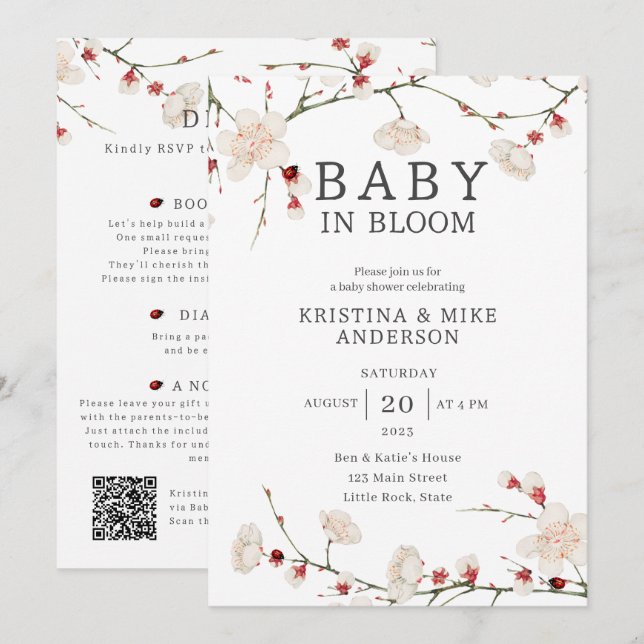 All in One Baby in Bloom QR Code Douche Invitation (Devant / Derrière)