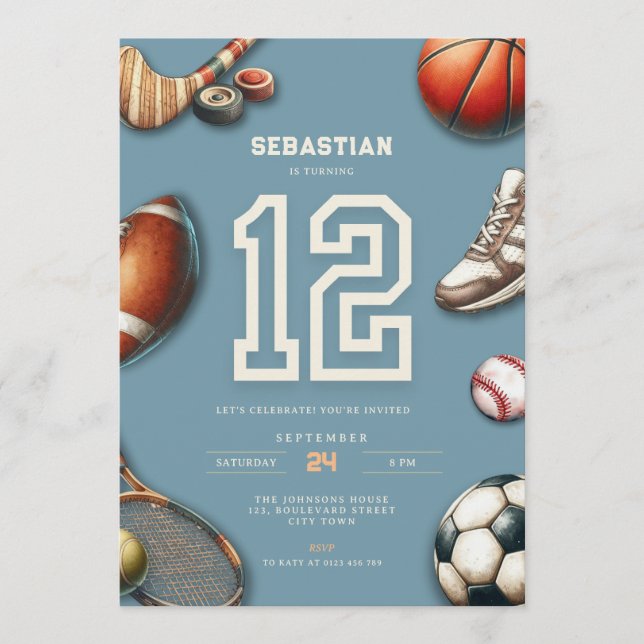 All Star Sports 12th Birthday Invitation for Boys (Devant)