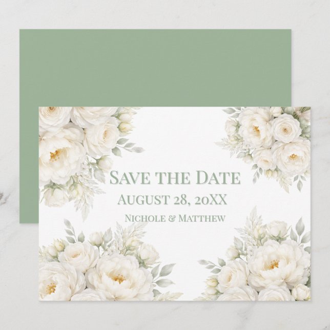 All White Floral Wedding Save the Date (Devant / Derrière)