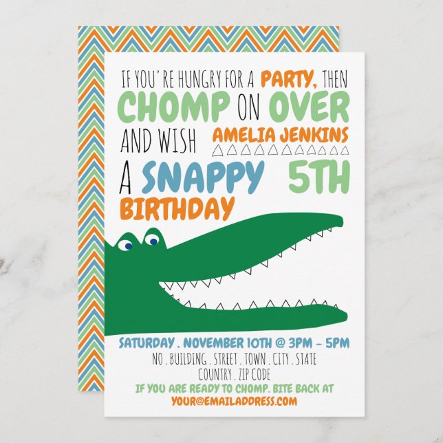 Alligator Chomp, Invitation de fête d'anniversaire (Devant / Derrière)