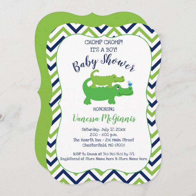 Alligator Green Blue Boy Baby shower Invitation (Devant / Derrière)