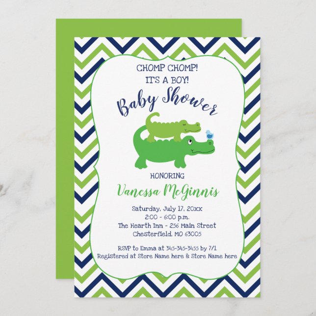 Alligator Green Blue Boy Baby shower Invitation (Devant / Derrière)