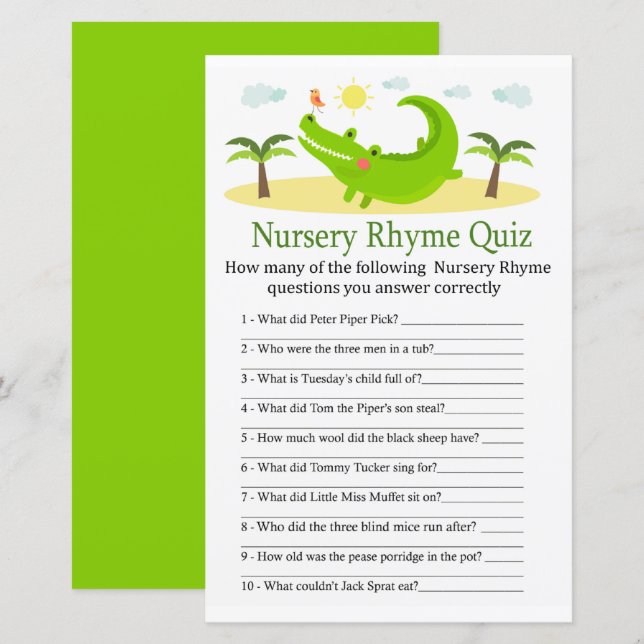 Alligator Nursery Rhyme Quiz jeu de baby shower (Devant / Derrière)