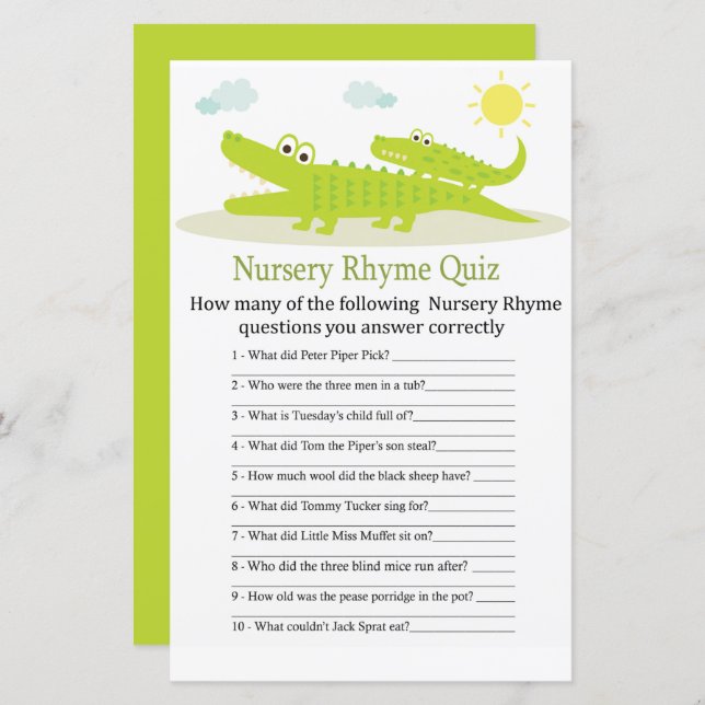 Alligator Nursery Rhyme Quiz jeu de baby shower (Devant / Derrière)