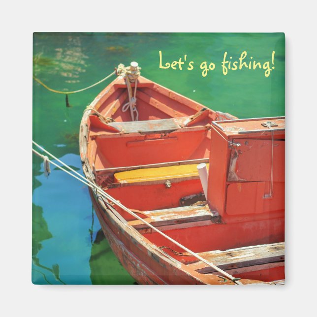 Allons pêcher ! Bateau rouge Eau verte Magnet (Devant)
